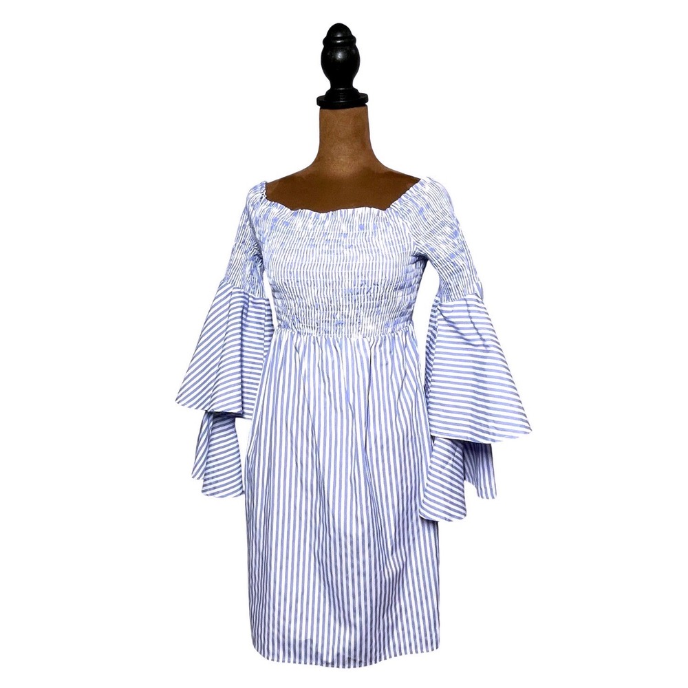 Venus Blue White Striped Smocked Off Shoulder Bell Sleeve Mini Dress Medium Chic